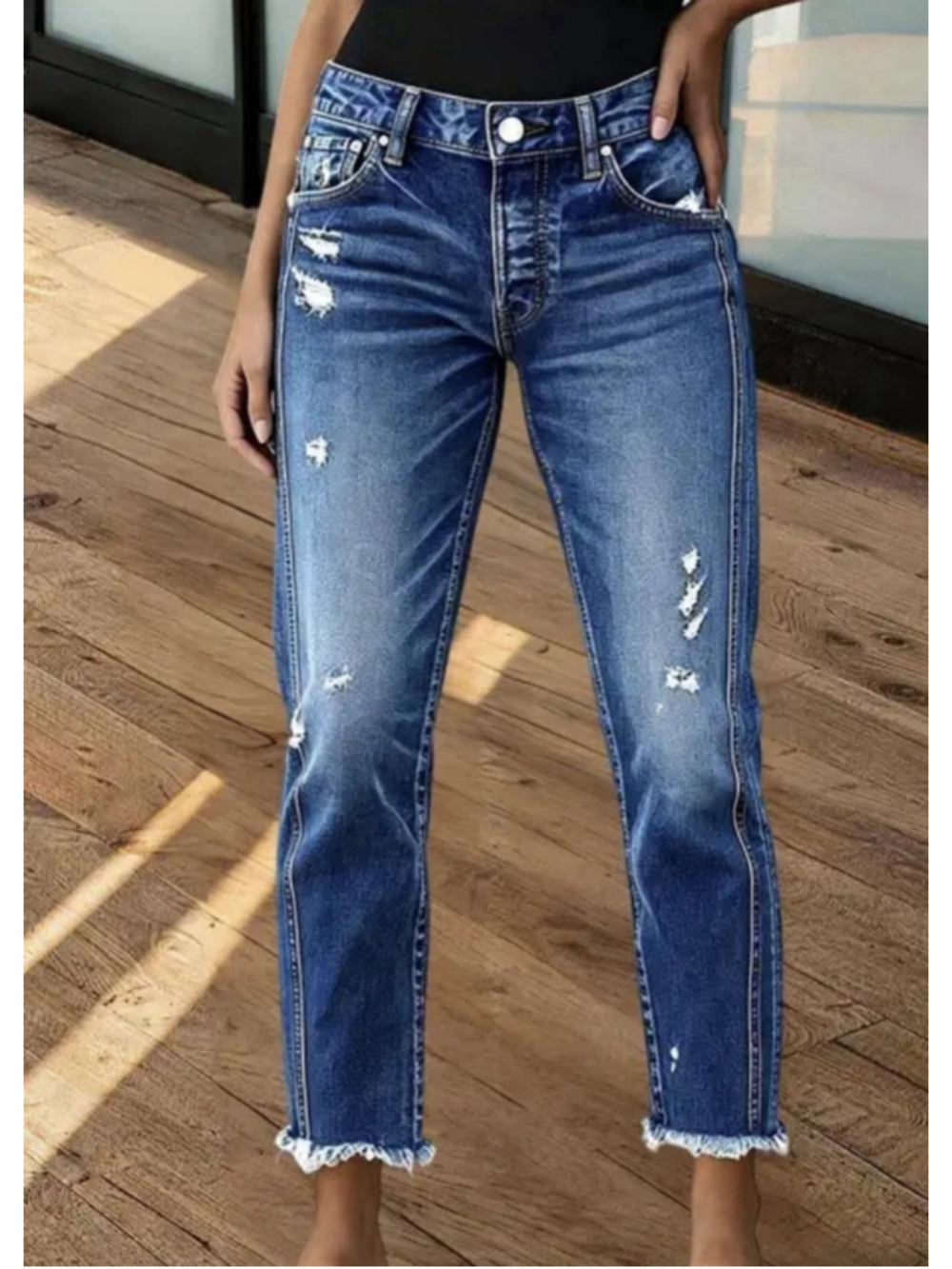 Flamingals Raw Hem Ripped Mid Waist Straight Leg Crop Jeans S